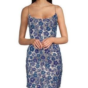 Silver Sequin Blue Floral Side Slit Formal Evening Dress size 7/8
